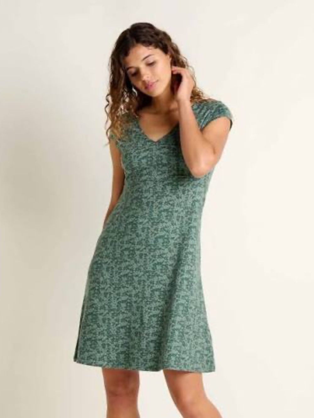 Toad&Co Green Patterned V-Neck Cap Sleeve Dress